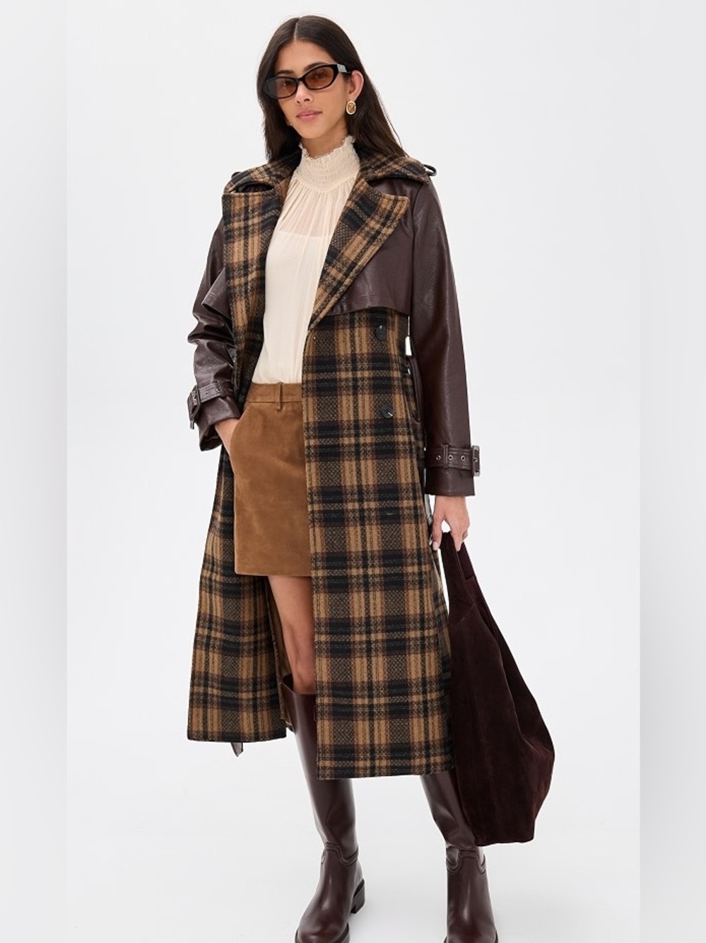 Avec Les Filles Faux Leather Oversized Plaid Trench Coat